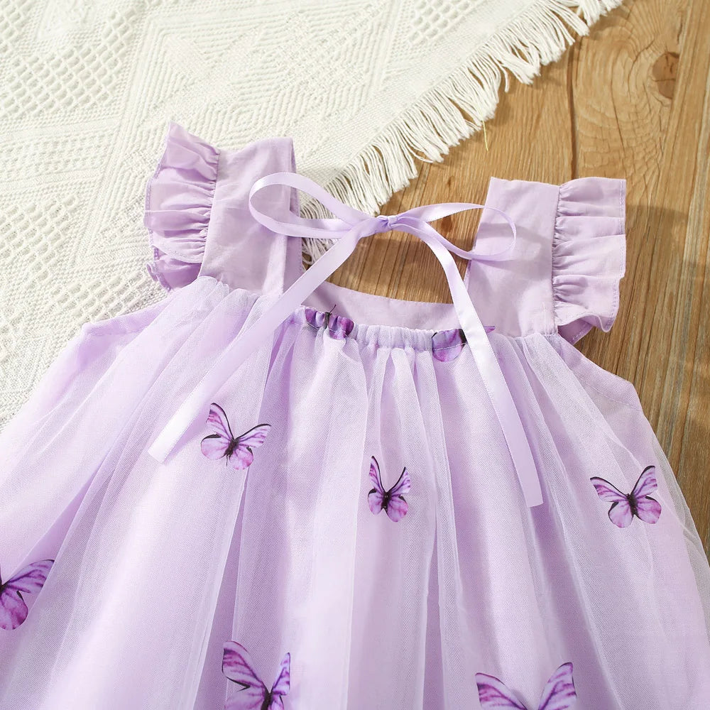 Summer New Baby Girl Dress With Lace Folded And Butterfly Printed Ribbon