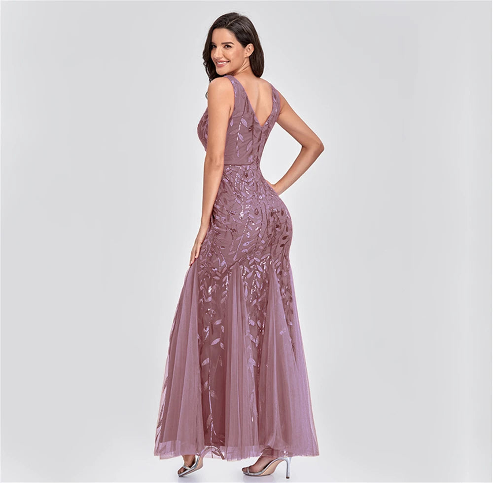 Haneen Mermaid Dusty Rose  V Neck Floor Length Dress