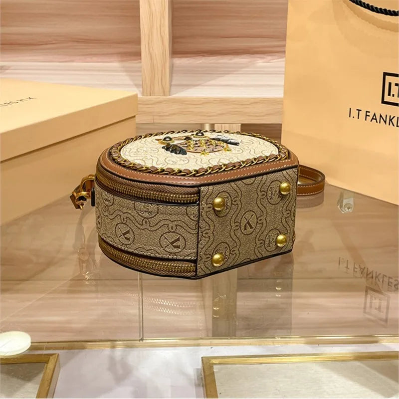 Handbag Light Luxury Handheld Round Bag 2024 Premium Genuine Leather