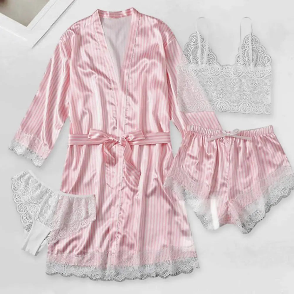 4 Pcs Women Pajama Set Soft Silk Satin Nightwear