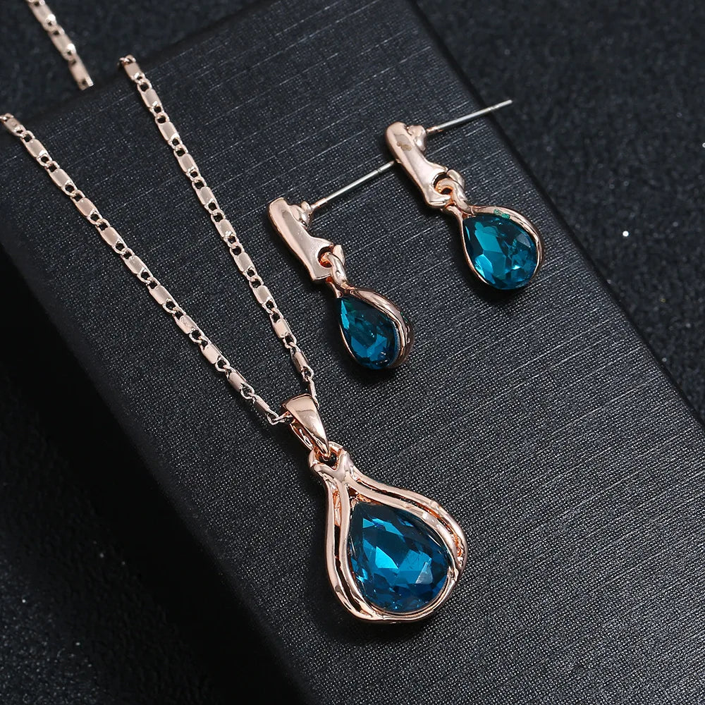 Earrings and Necklace Blue Green Water Drop Set