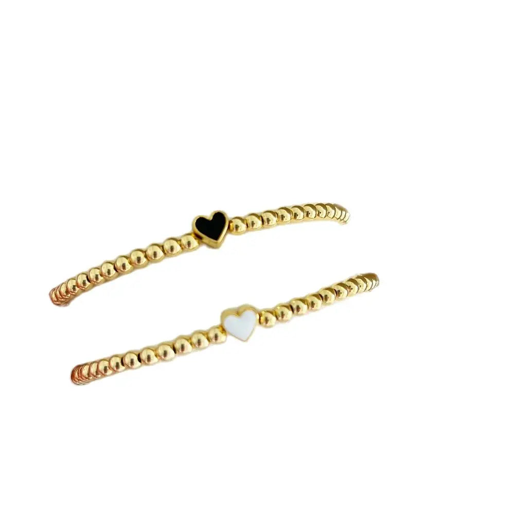 Heart Charm 18K Gold Plated Beaded Bracelet Strand Stretch