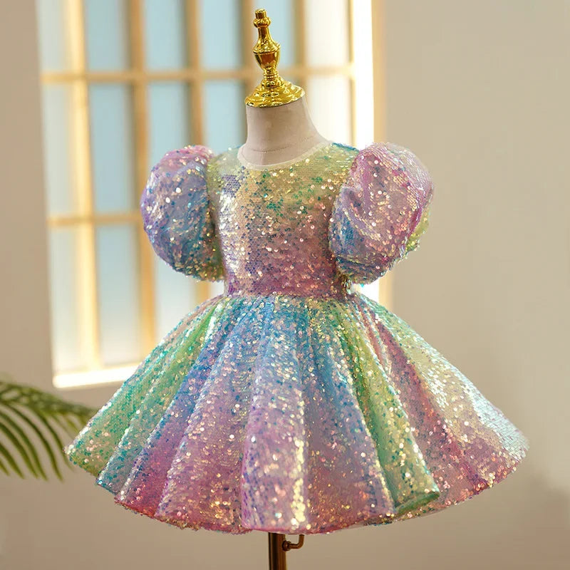 Pastel Sparkles Shimmers Puffy Sleeves Sequin Girl Dress