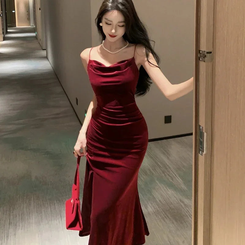 Vintage Red Dress Spaghetti Strap Slit Velvet Party Elegant Dress