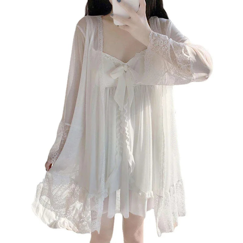 Summer Sexy Pajamas with Breast Pads Female Lace Pajamas Robe Gown Set