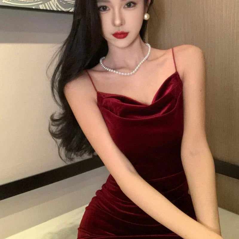 Vintage Red Dress Spaghetti Strap Slit Velvet Party Elegant Dress