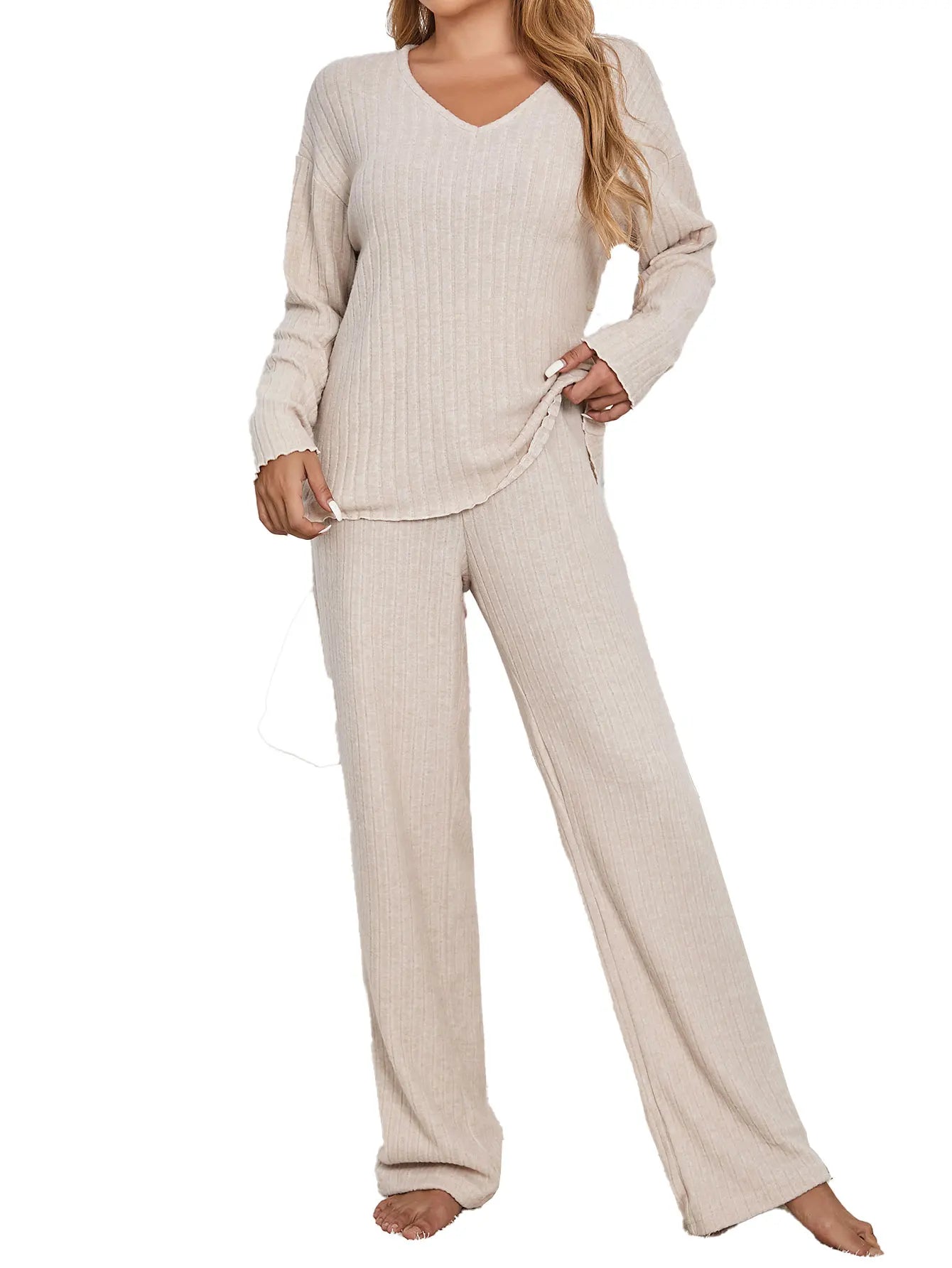 Women Solid Two piece Set with V Neck Long Sleeve