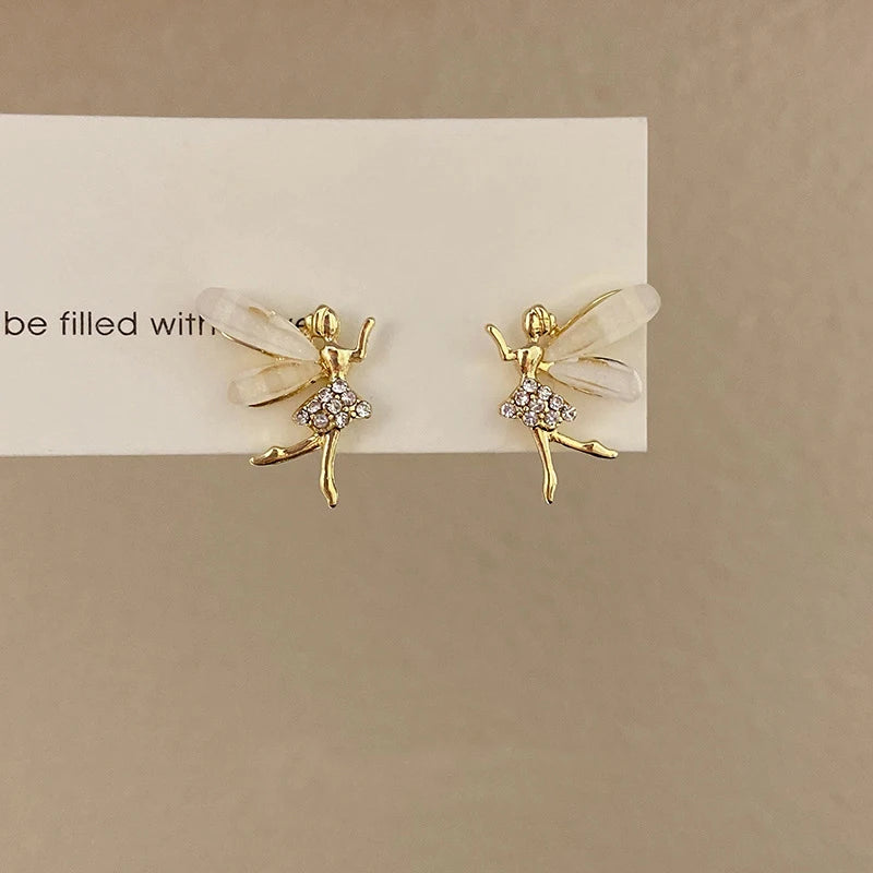 Trendy Girl Dancer Stud Earrings Crystal Acrylic Wings Angle