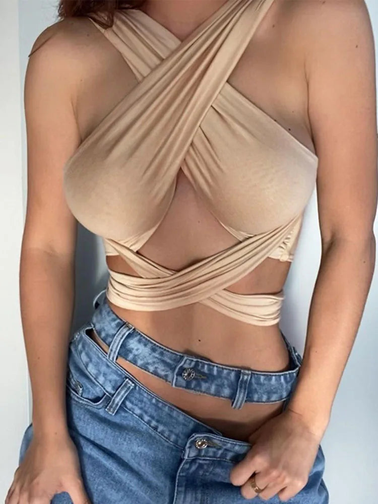 Damen Trägertop mit überkreuzten Trägern und Cut-Outs vorne, Neckholder, ärmellos, rückenfrei, Wickel-Crop-Top