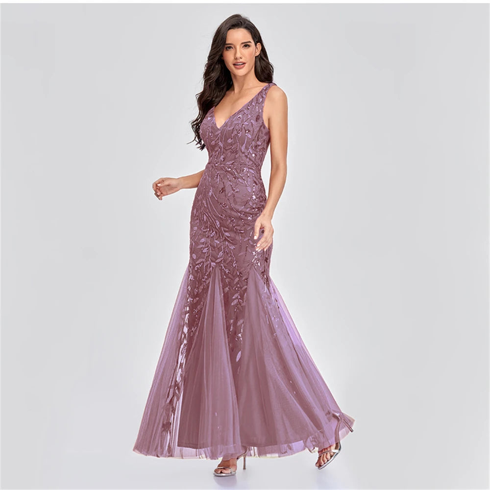 Haneen Mermaid Dusty Rose  V Neck Floor Length Dress