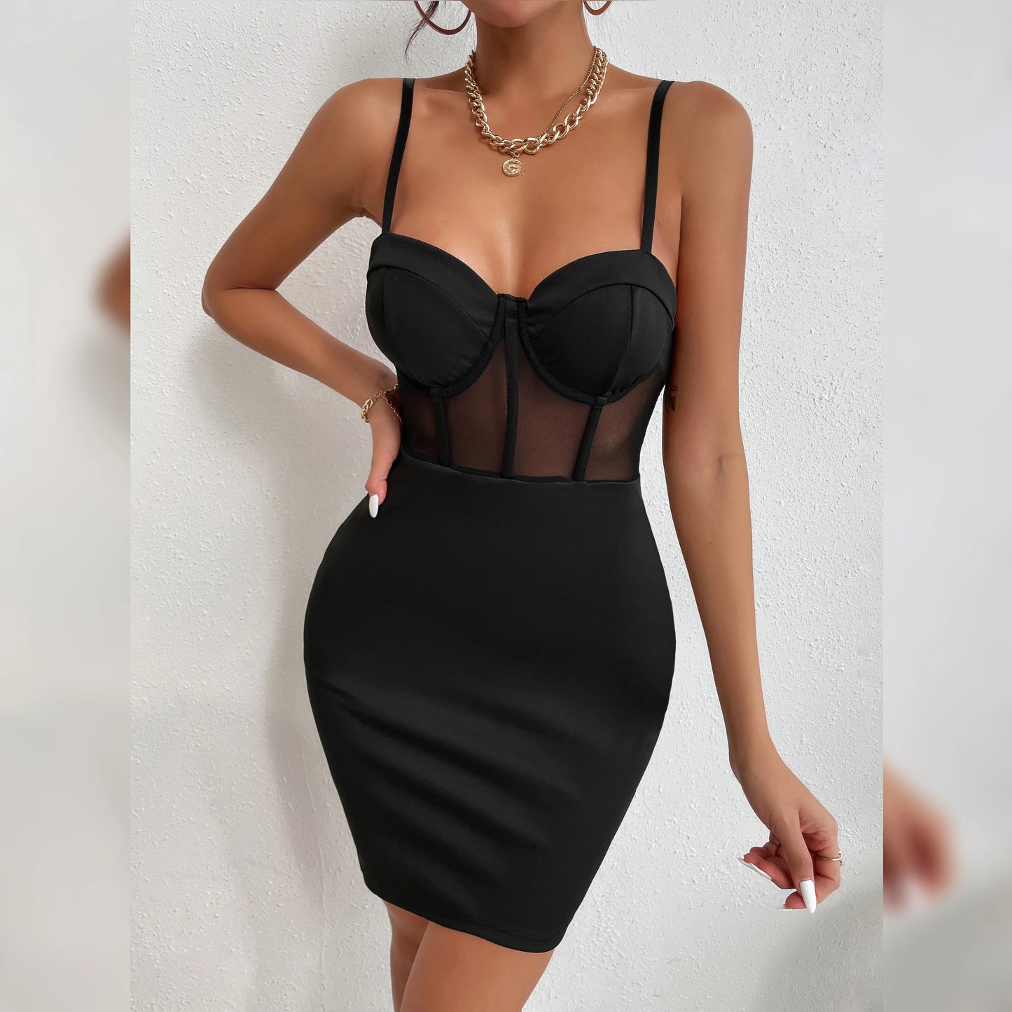 Amelia Sexy vestido ajustado transparente de malla ahuecada