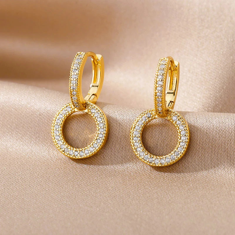 Zircon Round Hoop  Stainless Steel Earrings