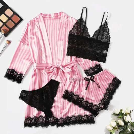 4 Pcs Women Pajama Set Soft Silk Satin Nightwear