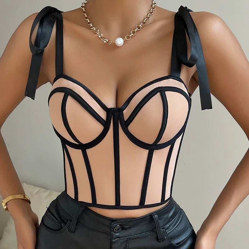 Women Lace Up Straps Crop Tops Patchwork Stripe