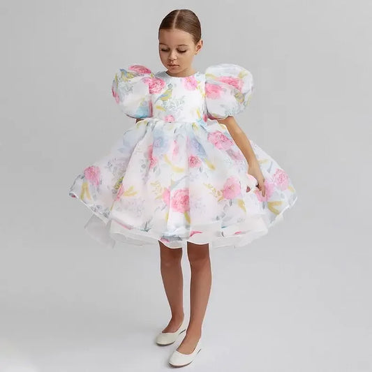 Floral Lace Princess Girls Puff Sleeve Gowns Dress