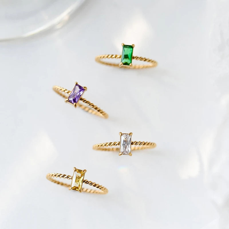 Delicate Colorful Purple Green Yellow Cubic Zirconia Square Rings