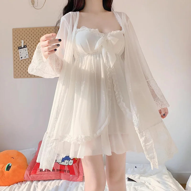 Summer Sexy Pajamas with Breast Pads Female Lace Pajamas Robe Gown Set