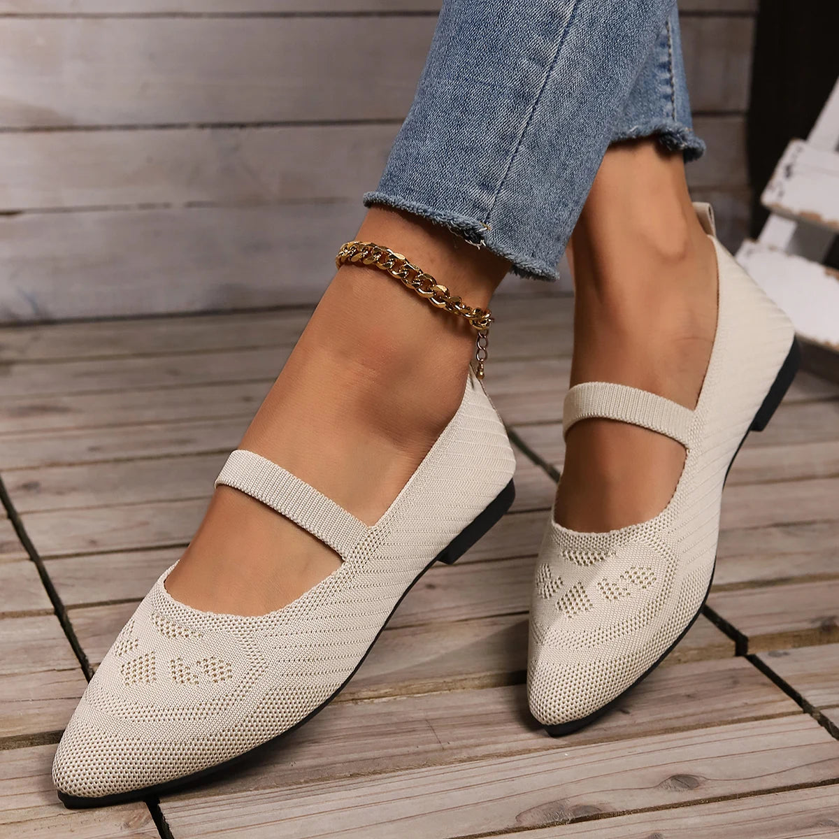 Pointed Toe Flat Solid Color Knitted Slip on Shoes